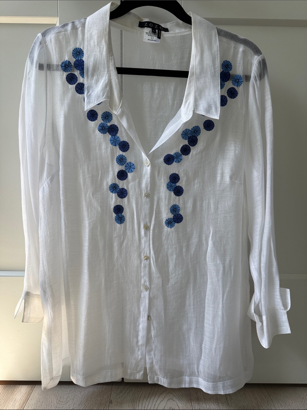 ZOZO Gauzy See-through White Button-Down Shirt with Blue Embroidered Accents